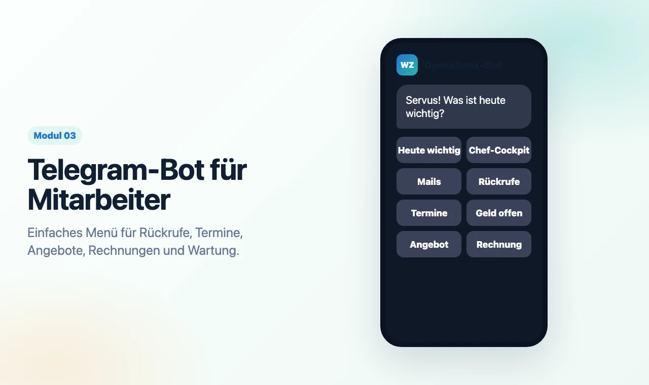 Helle Telegram-Bot Vorschau mit Mitarbeiter-Menü