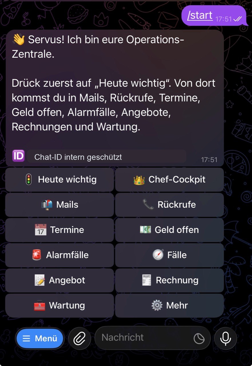 Telegram Bot Operations-Menü mit heute wichtig, Chef-Cockpit, Mails, Rückrufe, Termine, Angebote, Rechnungen und Wartung